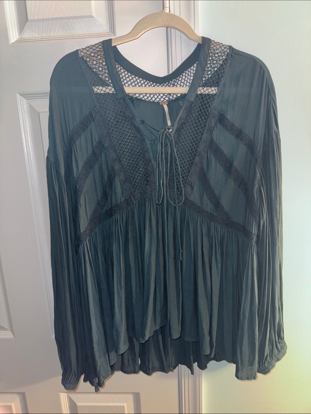 Free People Teal Lace-Detail Boho Peasant Top